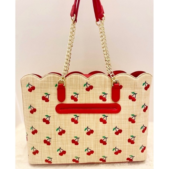 Betsey Johnson Cherry Print Straw Tote Bag Red Scalloped Top Chain Straps Charm - Picture 6 of 10